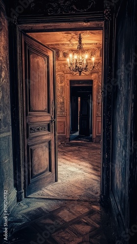 Abandoned Interior with Ornate Chandelier and Open Wooden Doorway