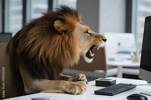 A Fierce and Furry Beast at Work, lion  roaring at the computer screen