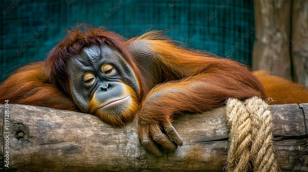 Obraz premium A Serene Orangutan Relaxing on a Log Amidst a Calm Natural Environment with Vivid Colors