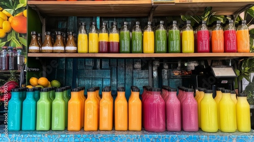 Colorful Fresh Juices and Smoothies Display photo