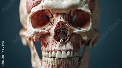 A diagrammatic skull with overlays showing internal features, providing an educational perspective