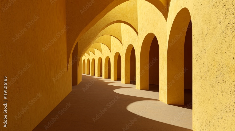 Obraz premium Serene Yellow Courtyard of a Mosque with Archways and Shadows