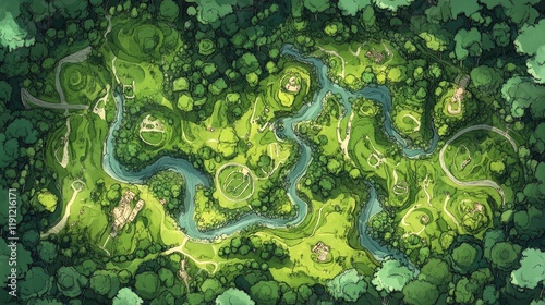 A detailed hand-drawn map of a fictional island, with lush green forests, winding rivers, and marked locations