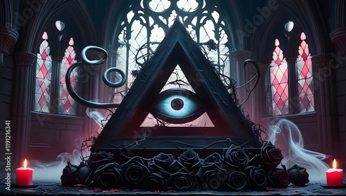 blue eye of the Illuminati in the Gothic chapel, the Illuminati eye in the triangle
