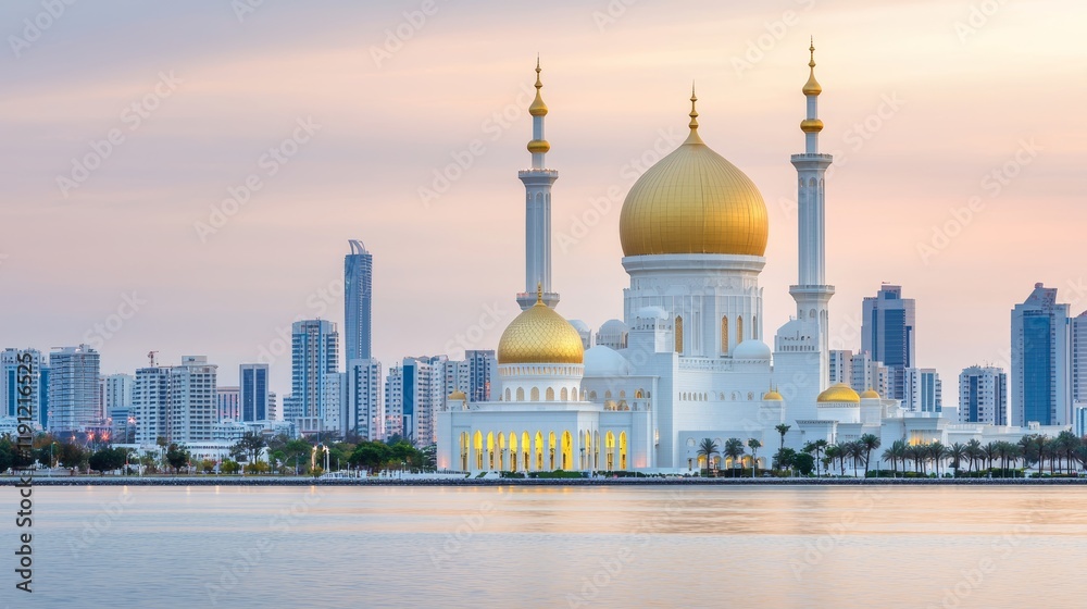 Obraz premium Serene Mosque with Golden Domes and Pastel Sky at Dusk