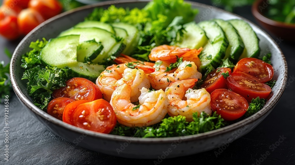 Fresh shrimp salad with cucumbers and cherry tomatoes. Fresh shrimp salad with cucumbers and cherry tomatoes.