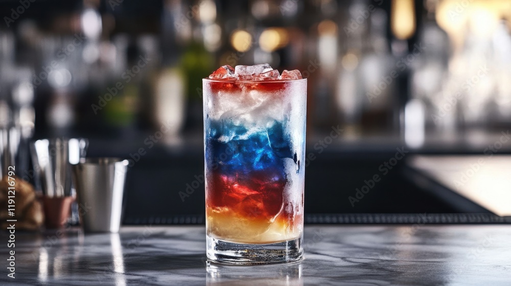 A striking cocktail with layered red, white, and blue liquids, placed on a stylish bar countertop, surrounded by a contemporary bar setting. A striking cocktail with layered red, white, and blue liquids, placed on a stylish bar countertop, surrounded by a contemporary bar setting.