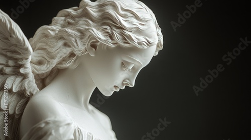 Elegant marble angel sculpture gazes serenely in soft light with intricate details highlighting artistry