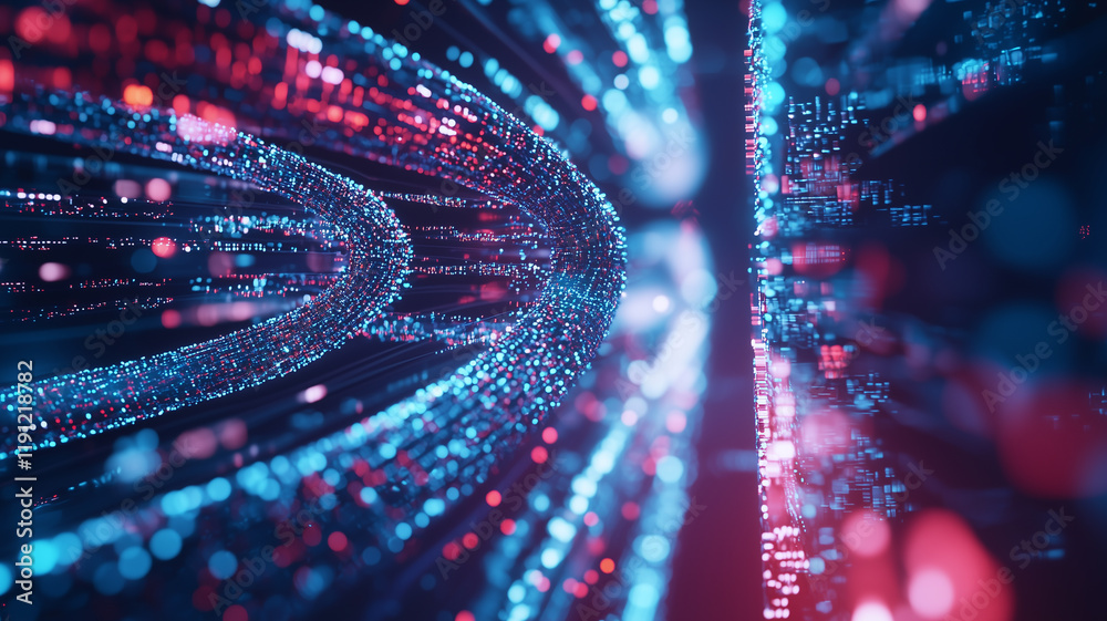 futuristic digital landscape with glowing red and blue particles forming dynamic, curved patterns, evoking sense of advanced technology and data flow futuristic digital landscape with glowing red and blue particles forming dynamic, curved patterns, evoking sense of advanced technology and data flow