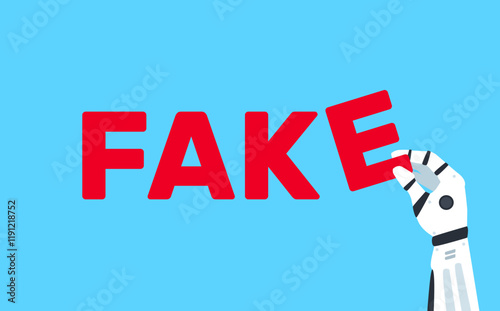 fake word robotic hand with letters artificial intelligence technology  false information concept vector illustration