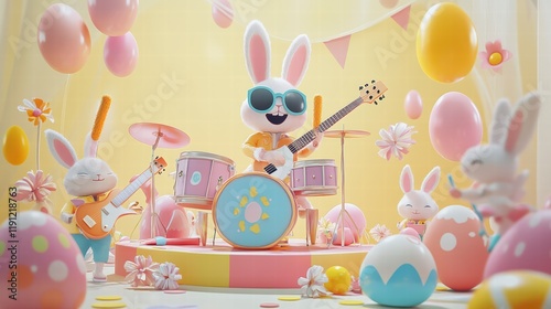 Easter Bunny Band:  A whimsical celebration of Easter with a rockin' band of Easter bunnies!  The lead bunny rocks out on guitar, wearing shades, while the other bunnies play drums and guitar. photo