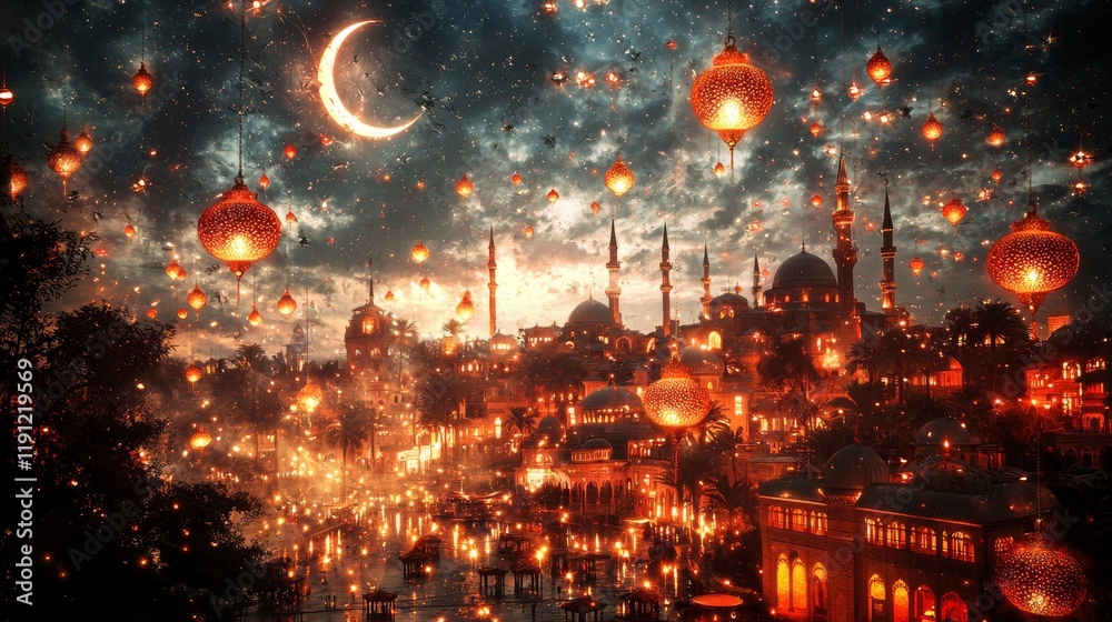 Fototapeta premium Stunning Mosque Artwork with Golden Lanterns and Night Sky