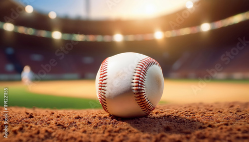 Isolierter einzelner Baseball mit Baseballstadion im Hintergrund photo