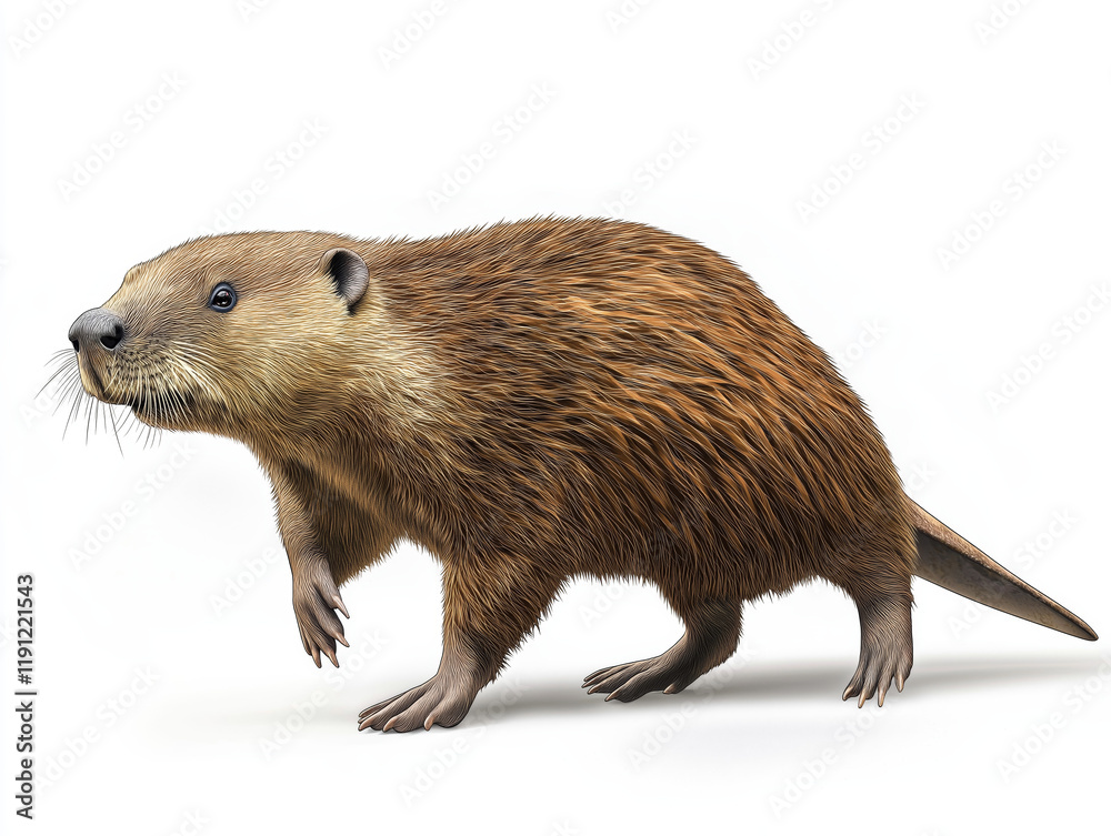 Obraz premium European Beaver (Castor fiber) - A hand-drawn, biologically accurate 3D-style illustration showing its flat tail, dense brown fur, and webbed hind feet, isolated on a white background
