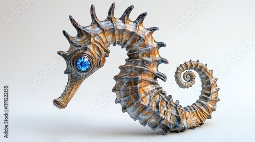 A stylized seahorse with a blue eye, showcasing artistic design. photo