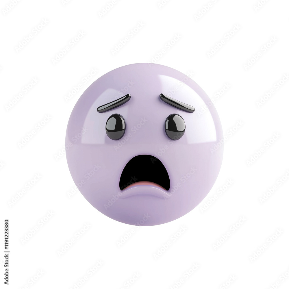 Fototapeta premium 3D anxious emoji in pale lavender with distressed expression, isolated on transparency background, conveying worry and fear