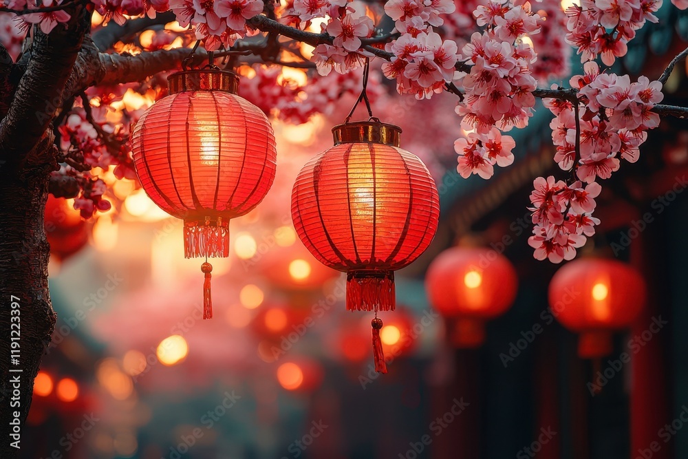 Obraz premium Lanterns Hanging Among Cherry Blossoms Illuminating a Serene Evening with a Warm Glow in an Asian-inspired Landscape