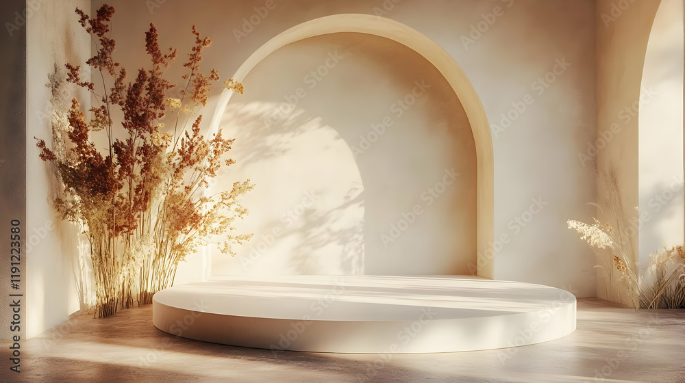 Beige 3d Render with Round Podium and Dried Grass Beige 3d Render with Round Podium and Dried Grass