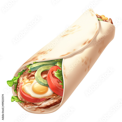 delicious 3D rendered breakfast burrito featuring eggs, avocado, tomato, lettuce, and tortilla, isolated on transparency background. Perfect for food related designs photo