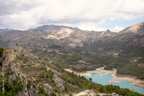 View of the Guadalest lake and the ancient castle in the Spanish province of Alicante