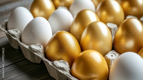 Golden Opportunity: A carton of eggs, a mix of pristine white and shimmering gold, presents a striking visual metaphor for investment, potential, and the pursuit of wealth. photo