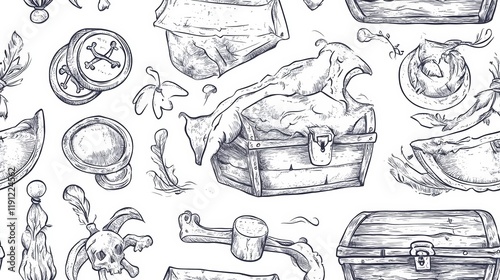 Intricate Sketches of Treasure Chests and Pirate Coins in Monochrome