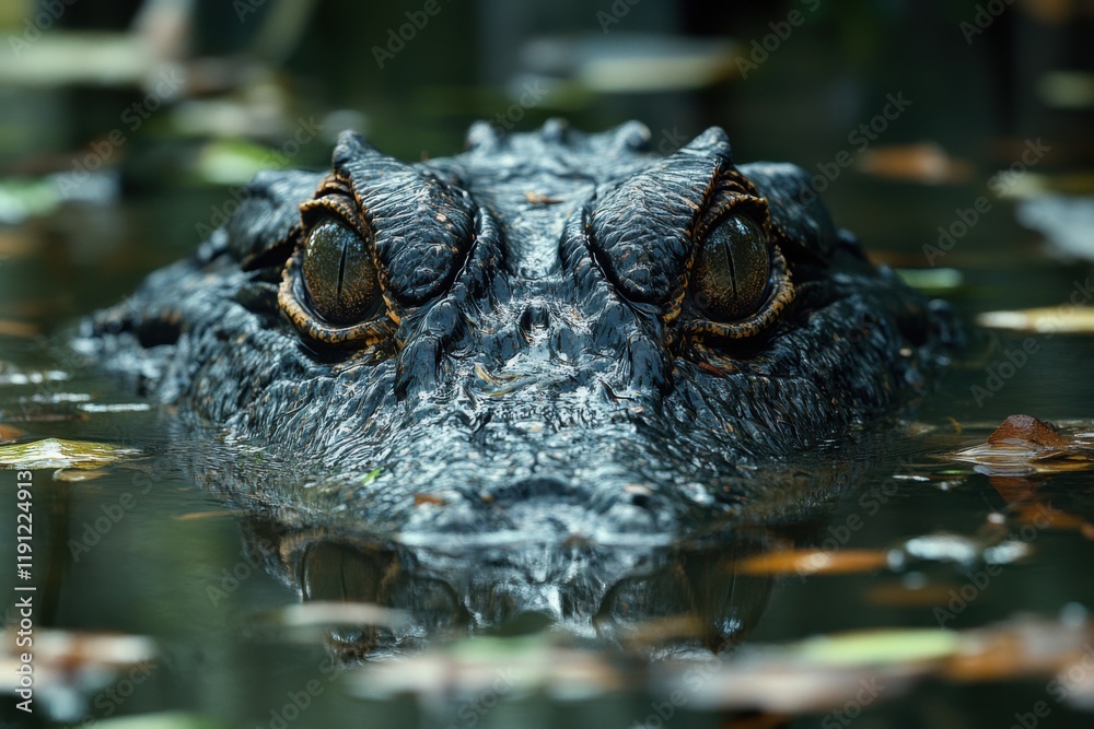 Obraz premium Close-up of a crocodile's eyes and snout emerging from calm water in a dense, green jungle environment