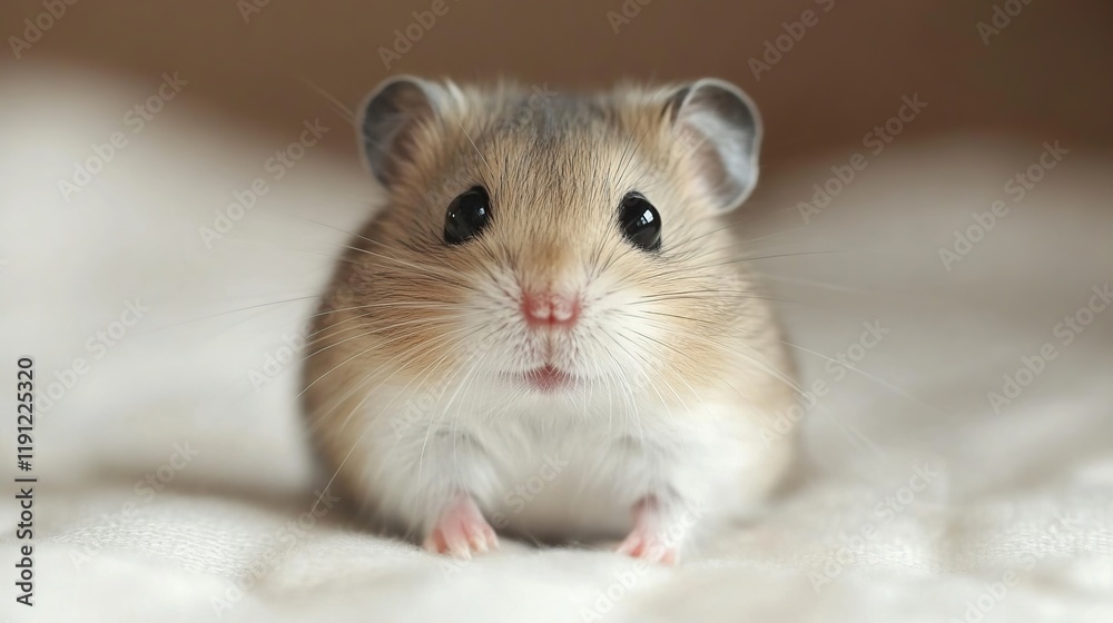 Adorable fluffy hamster sitting on white soft fabric, looking directly at camera. Adorable fluffy hamster sitting on white soft fabric, looking directly at camera.