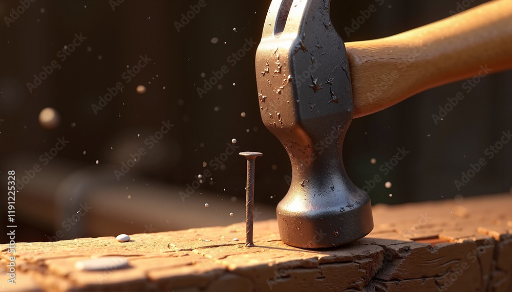 Close-up of hammer hitting nail with flying debris in woodworking scene