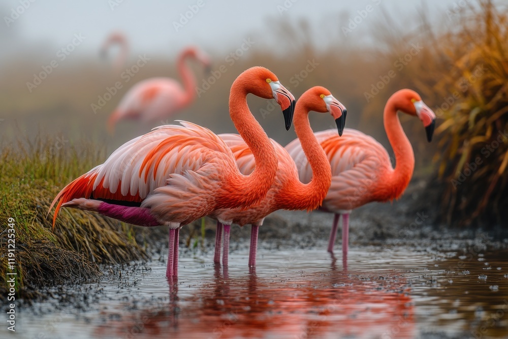 Fototapeta premium Three vibrant pink flamingos standing gracefully in shallow water surrounded by reeds on a misty day