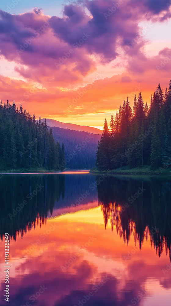 Fototapeta premium Sonnenuntergang über einem ruhigen See mit Spiegelung und Bäumen am Ufer