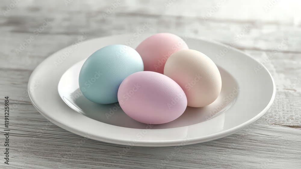 Fototapeta premium A plate of delicately colored pastel Easter eggs sits on a wooden table