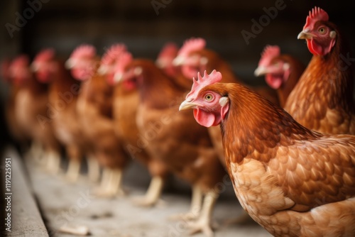 Group of brown hens standing closely together in a barn with a focused view on one hen in the foreground