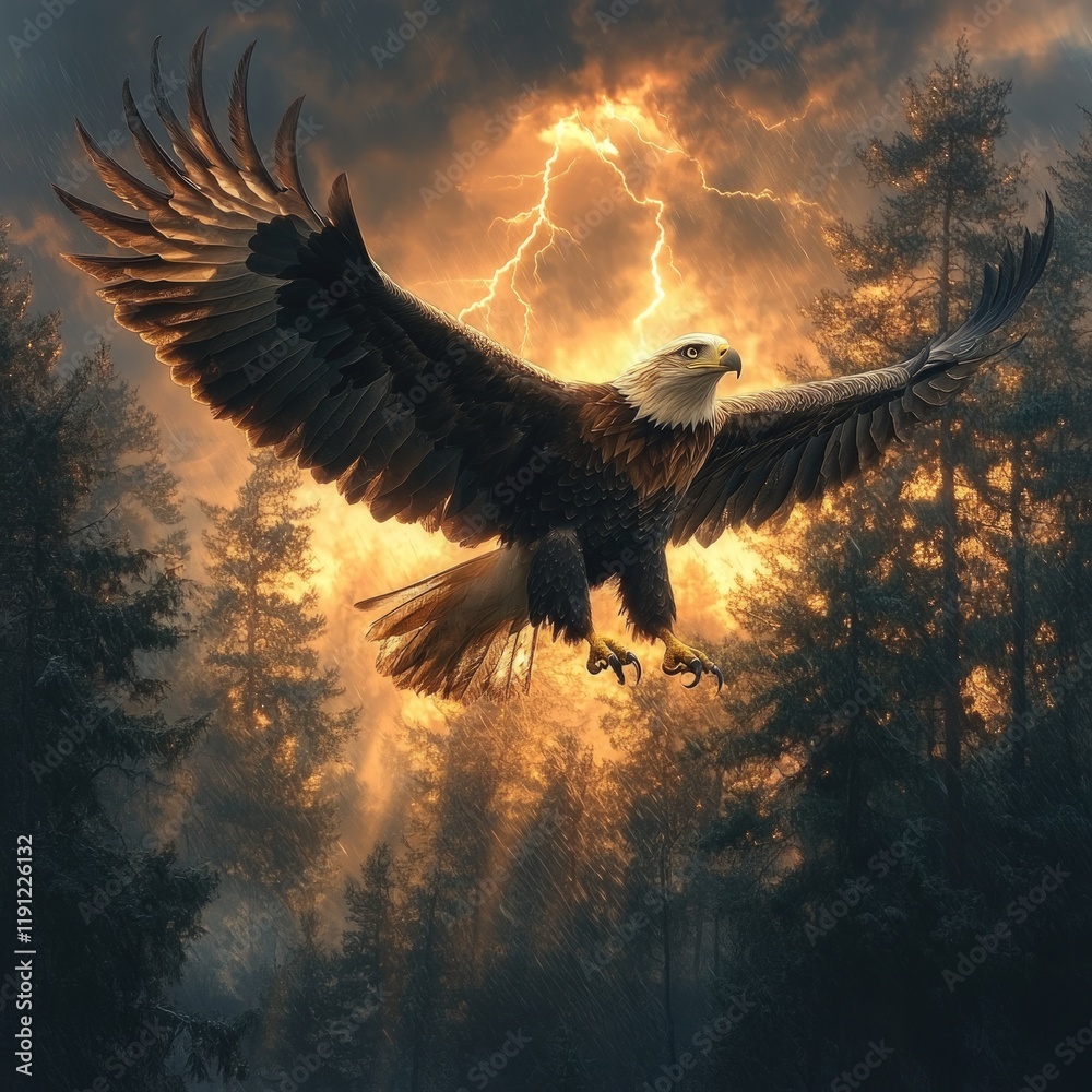 Fototapeta premium Majestic eagle soars, stormy forest backdrop.