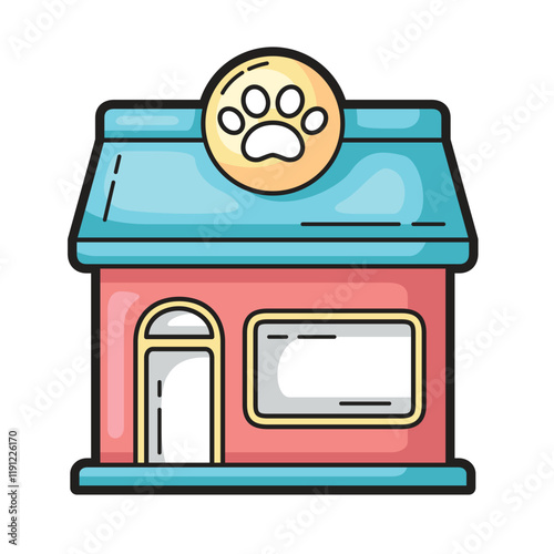 Pet shop with paw print rooftop sign. Ideal for pet store promotions, animal related businesses, or pet care service advertisements
