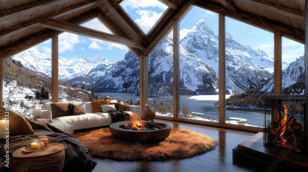 Fototapeta premium Cozy Cabin Interior with Scenic Mountain View and Warm Fireplace in Winter