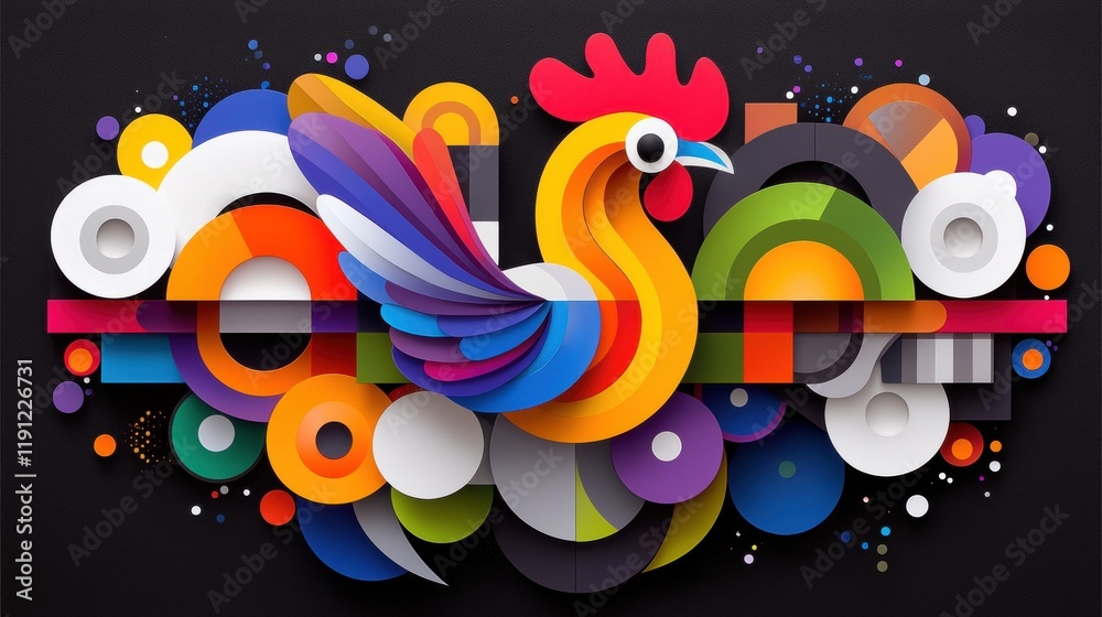 Fototapeta premium Colorful Abstract Rooster with Geometric Shapes and Vibrant Background Elements