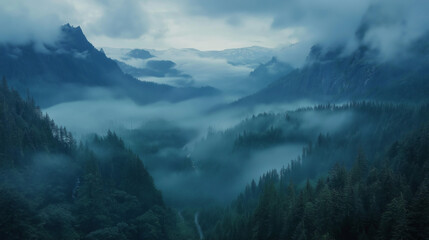 Tableau sur plexiglas  Majestätische hügelige Landschaft mit sanften Nebelschichten und Bergen im Hintergrund    © Cedric