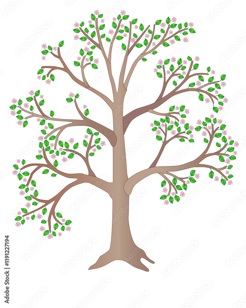 Wood. Blooming spring tree - full color picture. A plant with pink flowers and green leaves. A large spring tree.	