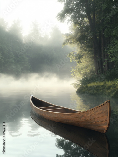 Einsames Holzboot schwimmt in nebligem See umgeben von sanften Bäumen

 photo