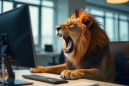 A Lion at Work in an Office, lion  roaring at the computer screen