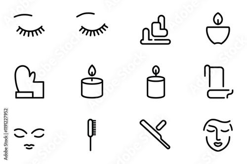 Minimalist Black Line Beauty and Self-Care Icon Set - Eyelashes, Nail, Candle, Mitt, Hair Straightener, and Face