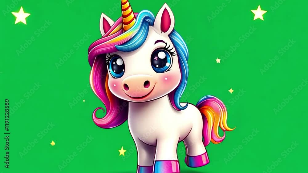 Cartoon isolated white unicorn flying character green screen. Sweet fantastic pet animal. Good for any movie, presentation, etc... Funny sweet and cute children animation seamless loop. rainbow colors