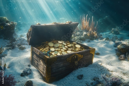 Underwater treasure chest with gold and jewels in sunlit ocean
