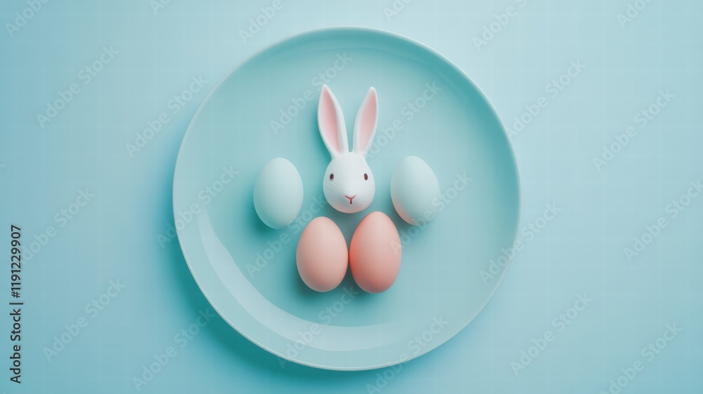 Obraz premium Pastel Easter Delight: A charming pastel-colored Easter bunny figurine sits amidst delicately colored eggs on a light blue plate, creating a delightful Easter scene.