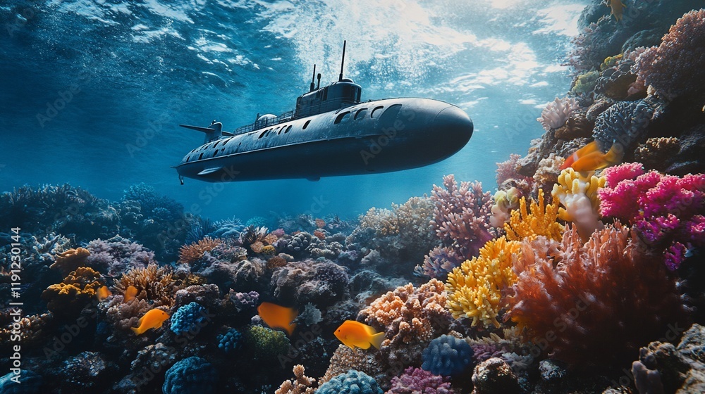 Fototapeta premium A submarine exploring vibrant coral reefs underwater.