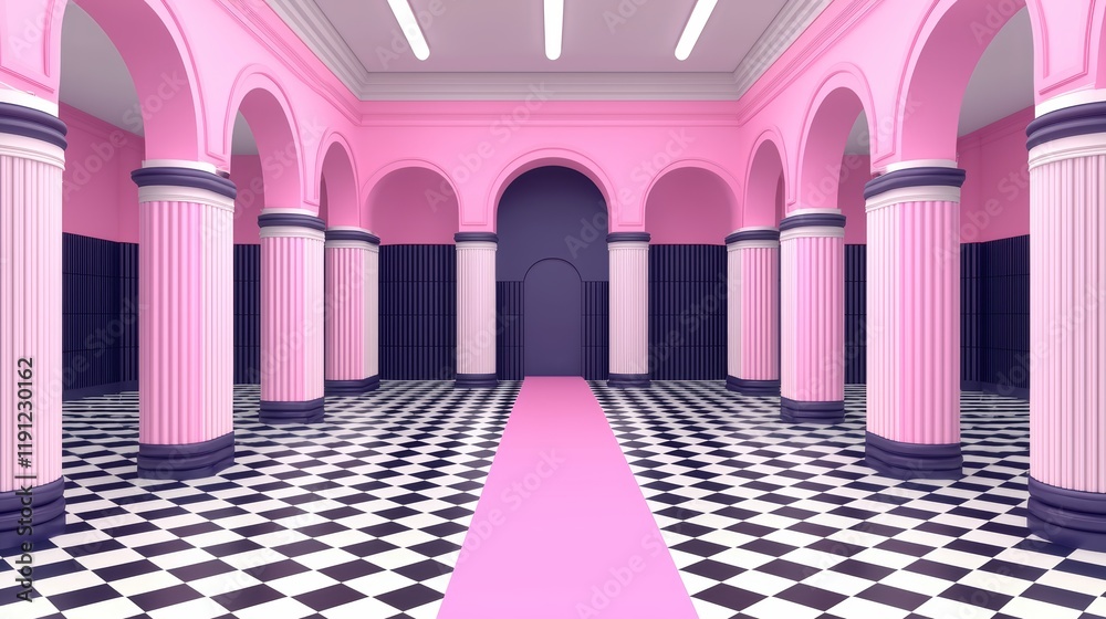Fototapeta premium Virtual Art Gallery Interior Design with Pink Columns and Black Tiles