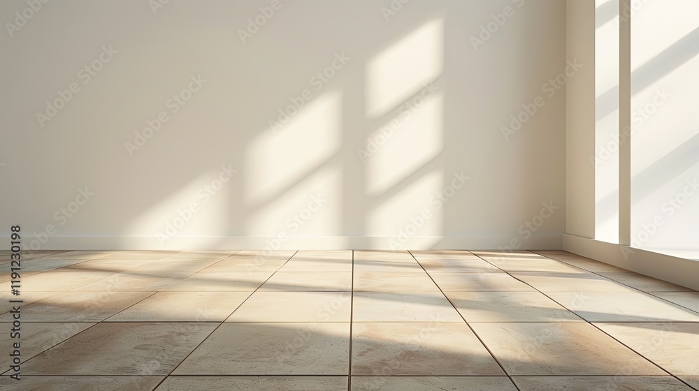 empty room with white walls and tiles, bathed in daylight and showcasing a play of shadows empty room with white walls and tiles, bathed in daylight and showcasing a play of shadows