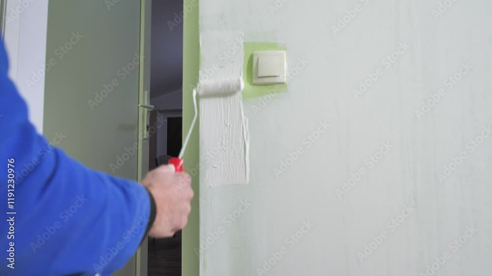 Painter's hand uses a roller to paint a wall white. Working painter repaints the wall color changing green to white. Interior remodeling. Apartment renovation and redevelopment. Residential design