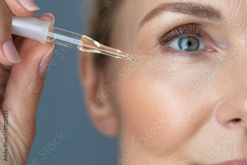 Mature woman applying serum on her face. Caucasian 50s female holding dropper skin care product. Anti Age essential oil with oily pipette. Advertising facial care cosmetics. Health, youth. Drop fluid